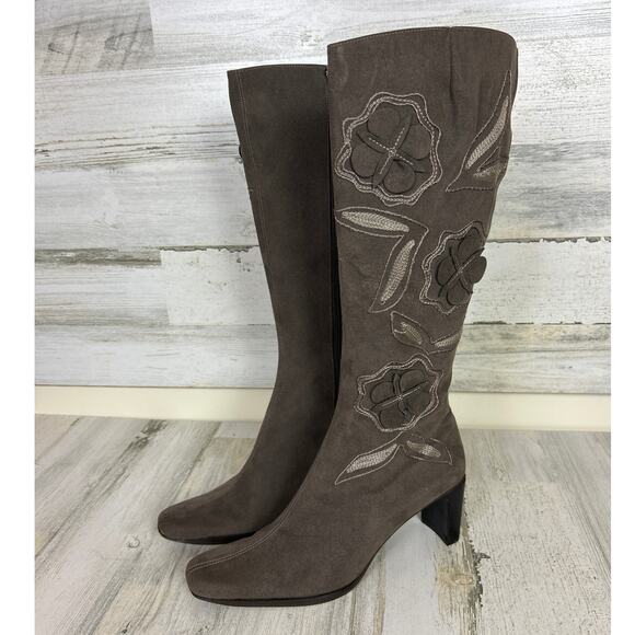 Sesto Meucci womens 9 gray floral suede zip leather heeled calf boot new boho - Picture 1 of 9